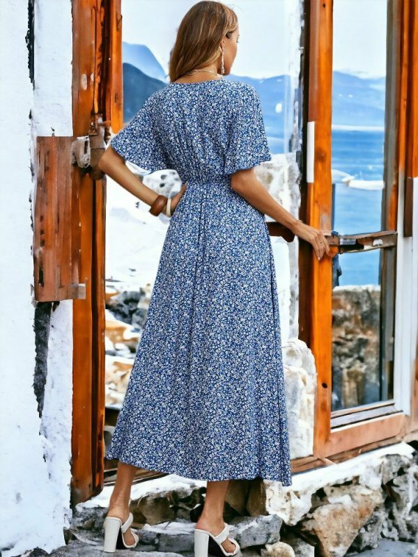 Vintage Boho Print Blue Elastic Waist Sundress | Y2K Aesthetic Women's Dress