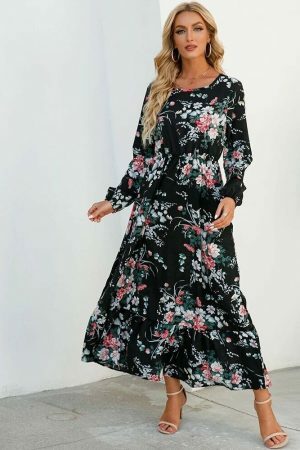 Vintage Floral Chiffon Maxi Dress - Y2K Streetwear Aesthetic