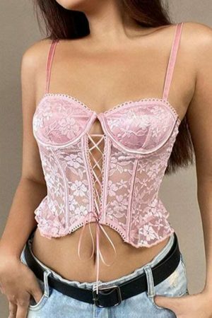 Vintage Floral Print Lace-up Bustier Crop Top - Y2K Streetwear Fashion