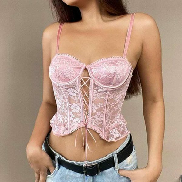 Vintage Floral Print Lace-up Bustier Crop Top - Y2K Streetwear Fashion