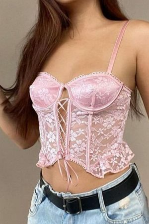 Vintage Floral Print Lace-up Bustier Crop Top - Y2K Streetwear Fashion