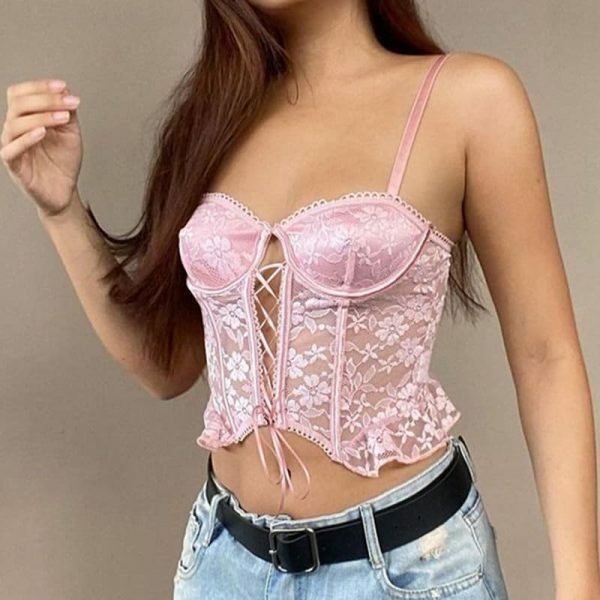 Vintage Floral Print Lace-up Bustier Crop Top - Y2K Streetwear Fashion