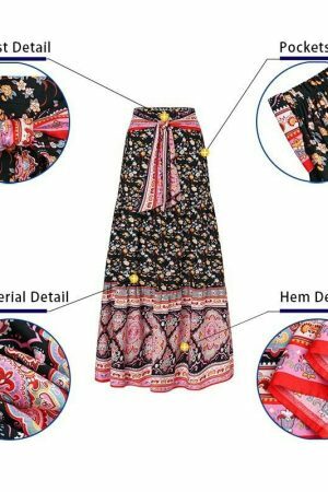 Vintage Floral Print Pleated Long Skirt | Y2K Boho High Waist Beachwear