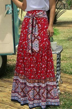 Vintage Floral Print Pleated Long Skirt | Y2K Boho High Waist Beachwear