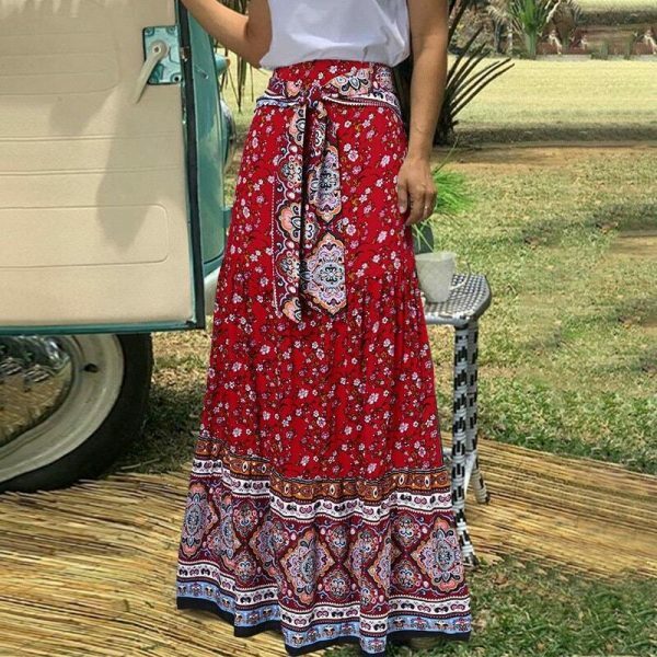 Vintage Floral Print Pleated Long Skirt | Y2K Boho High Waist Beachwear