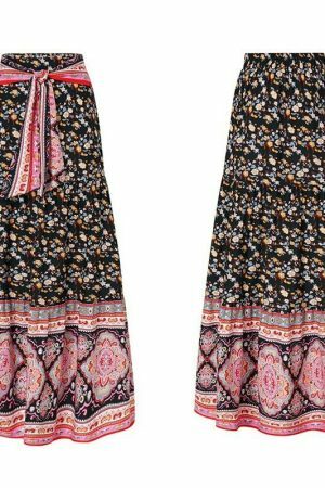 Vintage Floral Print Pleated Long Skirt | Y2K Boho High Waist Beachwear