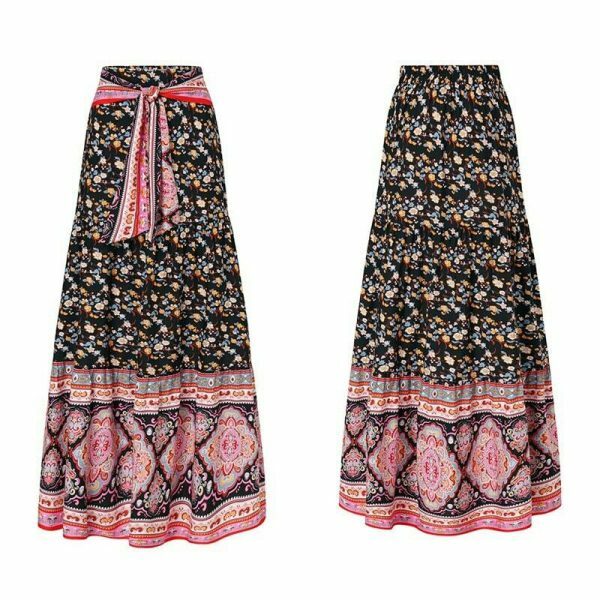 Vintage Floral Print Pleated Long Skirt | Y2K Boho High Waist Beachwear