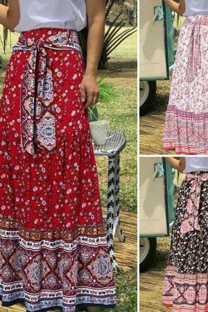 Vintage Floral Print Pleated Long Skirt | Y2K Boho High Waist Beachwear