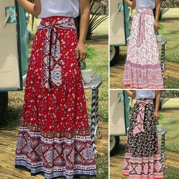 Vintage Floral Print Pleated Long Skirt | Y2K Boho High Waist Beachwear