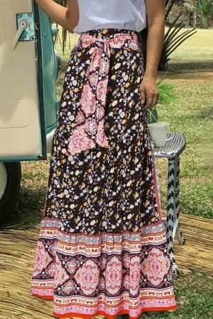 Vintage Floral Print Pleated Long Skirt | Y2K Boho High Waist Beachwear