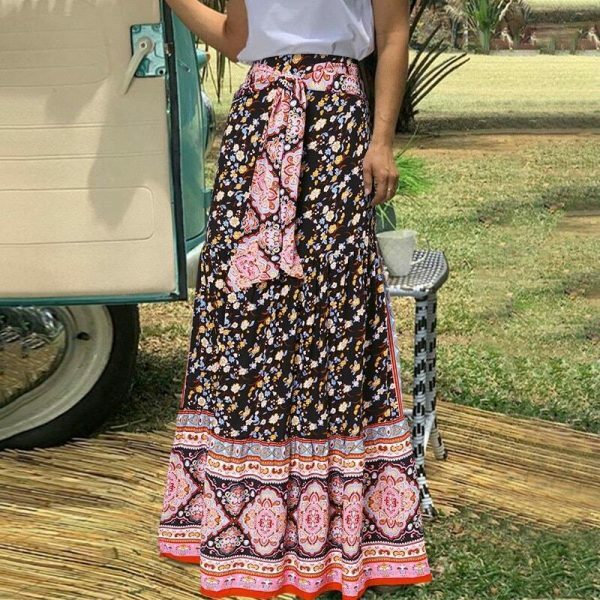 Vintage Floral Print Pleated Long Skirt | Y2K Boho High Waist Beachwear