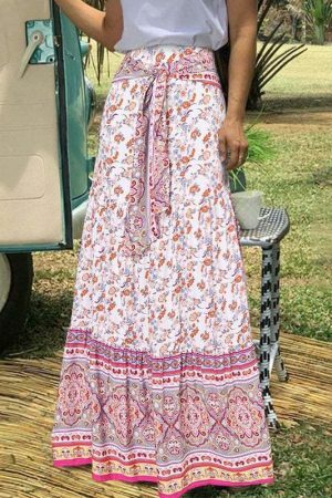 Vintage Floral Print Pleated Long Skirt | Y2K Boho High Waist Beachwear