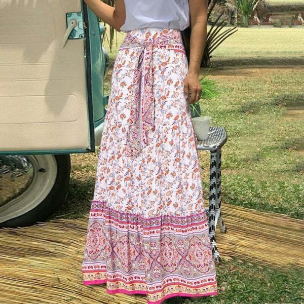 Vintage Floral Print Pleated Long Skirt | Y2K Boho High Waist Beachwear