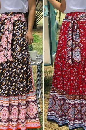 Vintage Floral Print Pleated Long Skirt | Y2K Boho High Waist Beachwear