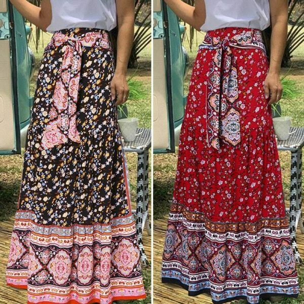 Vintage Floral Print Pleated Long Skirt | Y2K Boho High Waist Beachwear