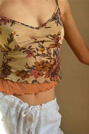 Vintage Floral Print Y2K Cami Top | Women's Aesthetic Sleeveless Crop Vest