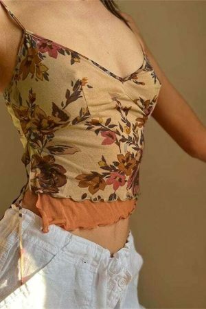 Vintage Floral Print Y2K Cami Top | Women's Aesthetic Sleeveless Crop Vest