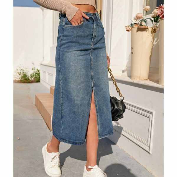 Vintage High Waist Split Fork Denim Skirt | Y2K Blue Long Jean Streetwear