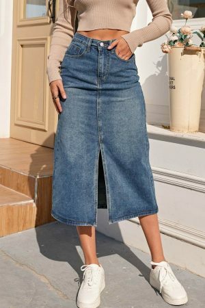 Vintage High Waist Split Fork Denim Skirt | Y2K Blue Long Jean Streetwear