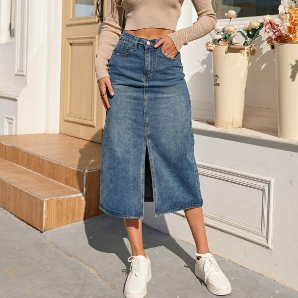 Vintage High Waist Split Fork Denim Skirt | Y2K Blue Long Jean Streetwear