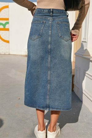 Vintage High Waist Split Fork Denim Skirt | Y2K Blue Long Jean Streetwear