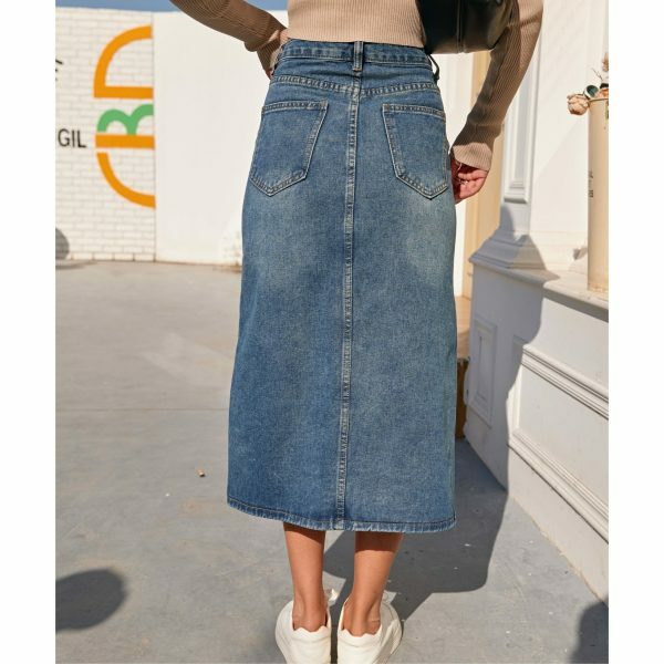 Vintage High Waist Split Fork Denim Skirt | Y2K Blue Long Jean Streetwear