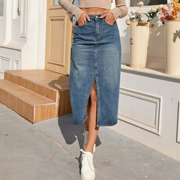 Vintage High Waist Split Fork Denim Skirt | Y2K Blue Long Jean Streetwear