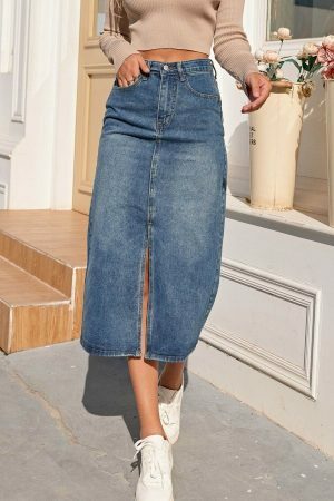 Vintage High Waist Split Fork Denim Skirt | Y2K Blue Long Jean Streetwear