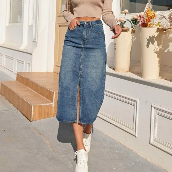 Vintage High Waist Split Fork Denim Skirt | Y2K Blue Long Jean Streetwear