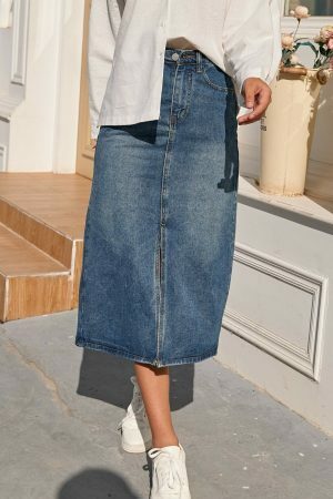 Vintage High Waist Split Fork Denim Skirt | Y2K Blue Long Jean Streetwear