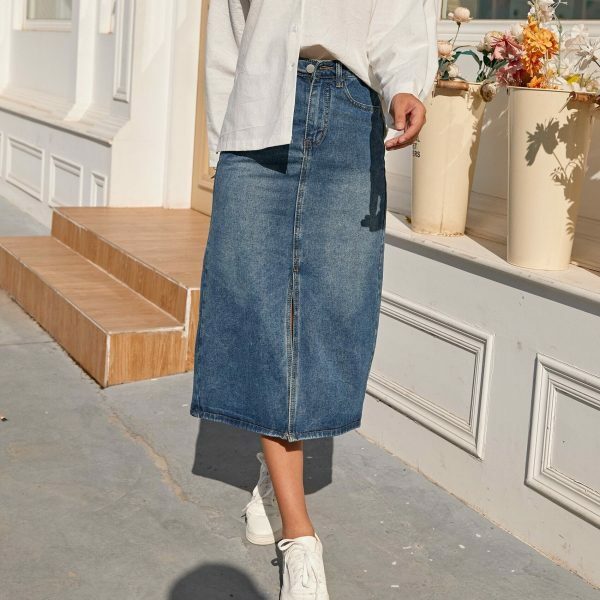 Vintage High Waist Split Fork Denim Skirt | Y2K Blue Long Jean Streetwear