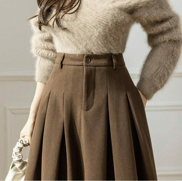 Vintage High Waist Woolen Mini Skirt - Casual Loose A-Line Fit