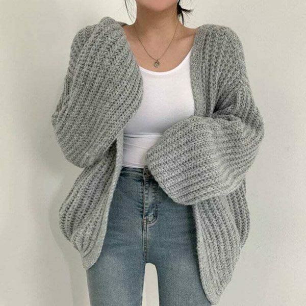 Vintage Knitted Cardigan with Lantern Sleeves, Y2K Streetwear Aesthetic