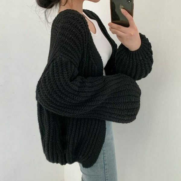 Vintage Knitted Cardigan with Lantern Sleeves, Y2K Streetwear Aesthetic