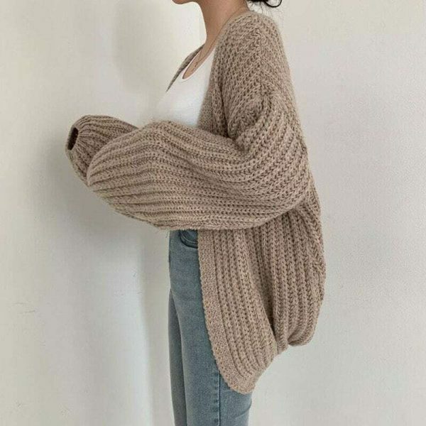 Vintage Knitted Cardigan with Lantern Sleeves, Y2K Streetwear Aesthetic