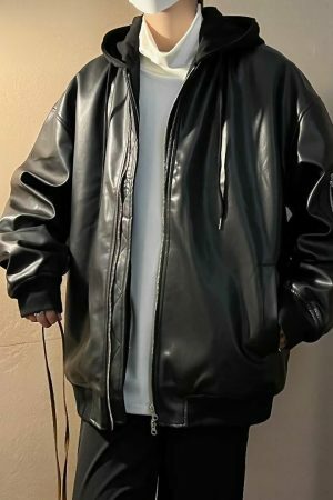 Vintage Leather Hooded Zipper Jacket - Y2K Streetwear Fashion