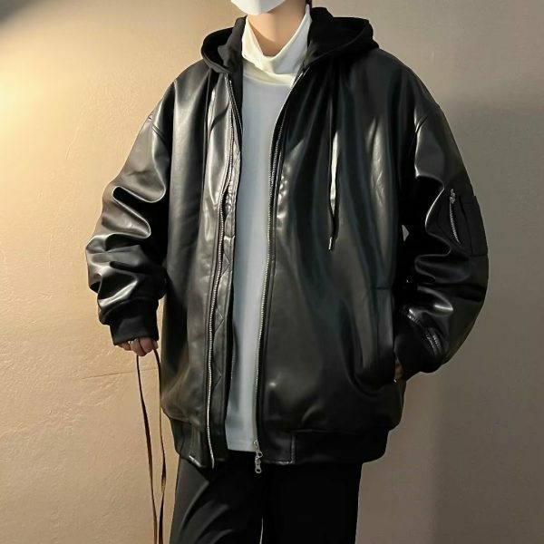 Vintage Leather Hooded Zipper Jacket - Y2K Streetwear Fashion