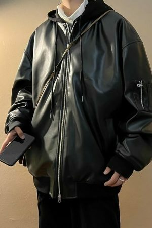 Vintage Leather Hooded Zipper Jacket - Y2K Streetwear Fashion