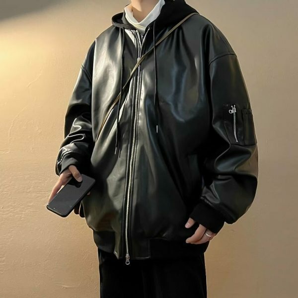 Vintage Leather Hooded Zipper Jacket - Y2K Streetwear Fashion