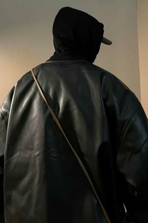 Vintage Leather Hooded Zipper Jacket - Y2K Streetwear Fashion