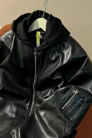 Vintage Leather Hooded Zipper Jacket - Y2K Streetwear Fashion