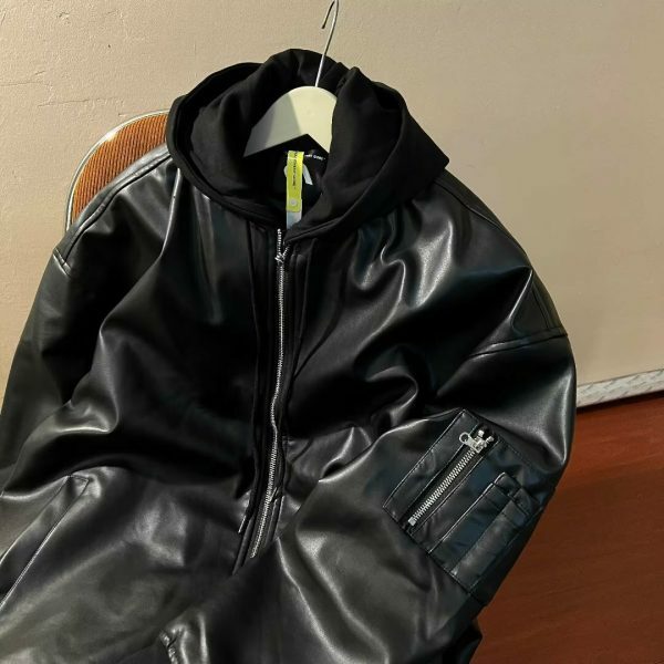 Vintage Leather Hooded Zipper Jacket - Y2K Streetwear Fashion