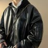 Vintage Leather Hooded Zipper Jacket - Y2K Streetwear Fashion