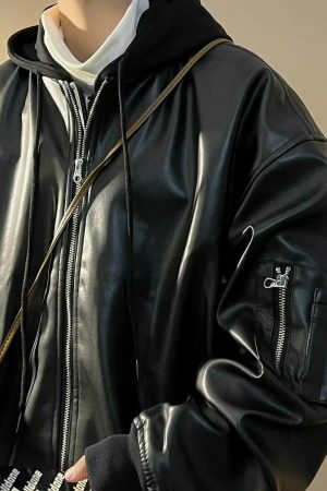 Vintage Leather Hooded Zipper Jacket - Y2K Streetwear Fashion