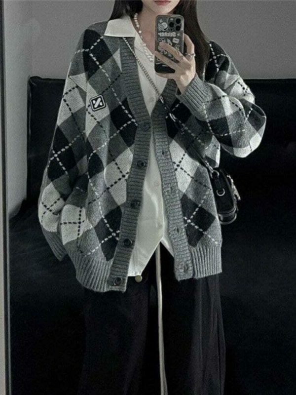 Vintage Oversized Knitted Harajuku Argyle Cardigan, Y2K Korean Streetwear Button-Up Sweater