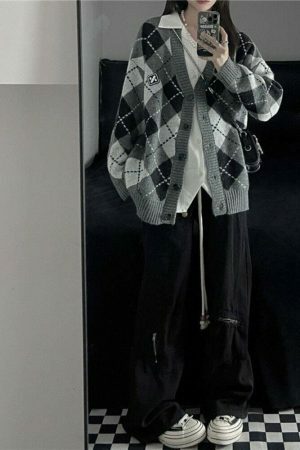 Vintage Oversized Knitted Harajuku Argyle Cardigan, Y2K Korean Streetwear Button-Up Sweater