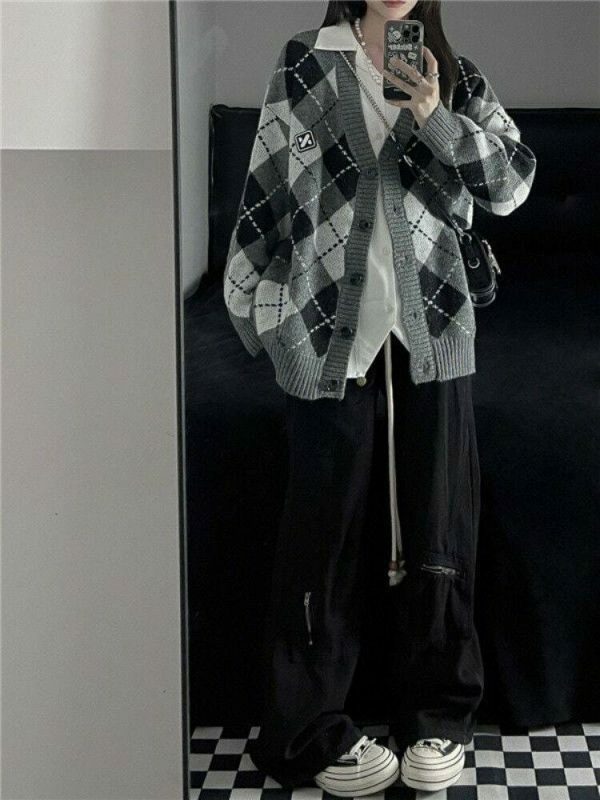 Vintage Oversized Knitted Harajuku Argyle Cardigan, Y2K Korean Streetwear Button-Up Sweater