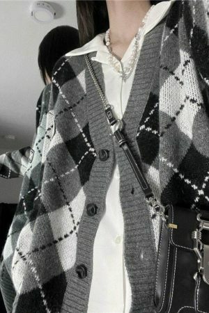 Vintage Oversized Knitted Harajuku Argyle Cardigan, Y2K Korean Streetwear Button-Up Sweater