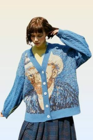 Vintage Van Gogh Knit Oversized Cardigan with Embroidery