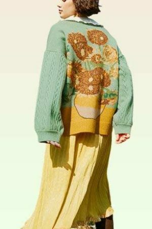 Vintage Van Gogh Knit Oversized Cardigan with Embroidery